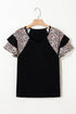 Black Leopard Print Patchwork Ruffled Sleeve V Neck T Shirt